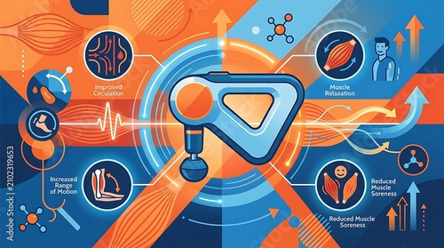 Percussive massage gun therapy benefits infographic with muscle icons