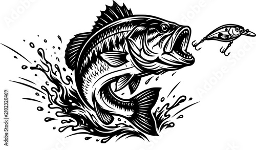 Canvastavla Hand drawn vintage sketch vector illustration of a largemouth bass fish jumping