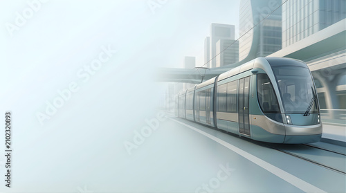 Modern Futuristic Electric Tram Moving Through An Urban Cityscape With Skyscrapers And Elevated Infrastructure At Dawn