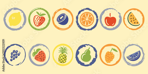 Schilderij op canvas Fruit Illustrations With Circular Frames Hand drawn Vector Style