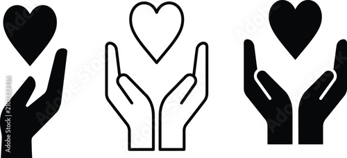Heart in Hands Vector Icon Set Featuring Charity Donation Kindness Medical Health Care Non Profit Organizations and Voluntarism Line and Glyph Symbols