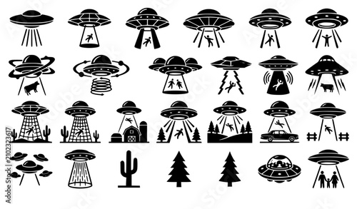 UFO alien spaceship abduction black silhouette icon vector set featuring flying saucers beaming up cows humans trees and houses for sci-fi mystery graphic designs.