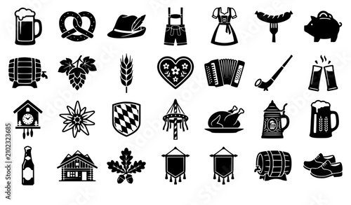 Canvastavla Oktoberfest festival black silhouette icon vector set featuring traditional Bavarian elements beer mugs pretzels lederhosen dirndl and instruments for German autumn celebration designs