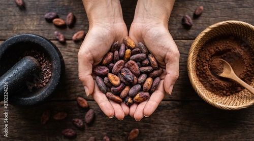Close up rustic food photography of a person holding heaped organic raw cacao beans in hands