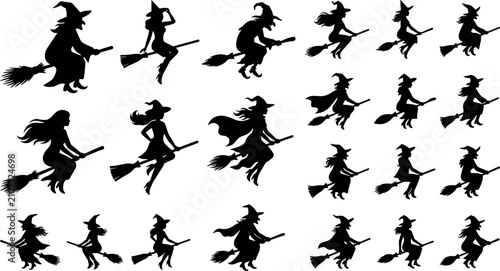Fotografie Halloween witch silhouette collection featuring various characters flying on bro