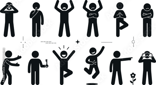 Human emotions and behaviors stick figure icons set depicting shock silence happiness anger and curiosity actions