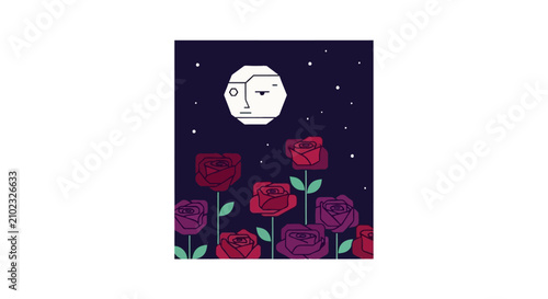Canvastavla Surreal moon with human face over red rose garden