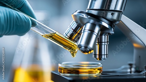 Close-up of a scientist's hand using a microscope and pipette.