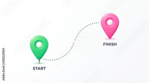 Start to finish goal achievement concept. Business success journey milestone with colorful location pins.