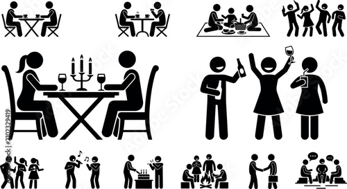 People celebration and dining stick figure icons set featuring romantic dinners parties and social gatherings