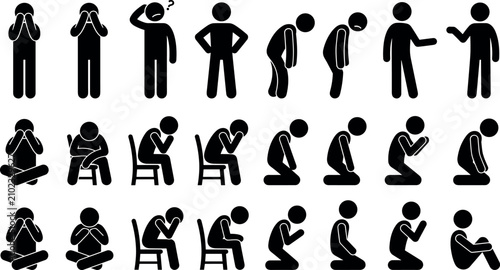 Fotografía Sadness regret and shame stick figure icons set depicting crying people praying