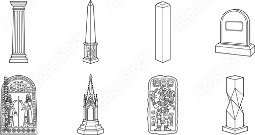 Bild auf Leinwand Architectural Monument and Ancient Pillars Icon Set in Clean Black Line Art Vect