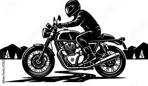 Obraz na płótnie Cafe racer motorcycle rider driving fast on a scenic mountain highway retro lino