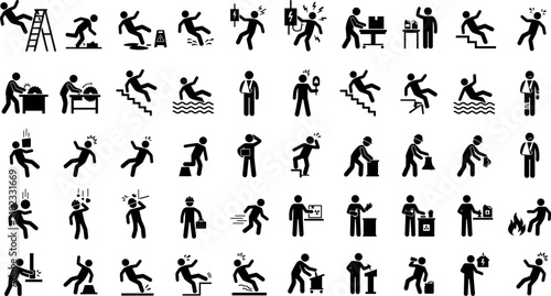 Foto Workplace safety and accident stick figure icons depicting slips trips falls inj