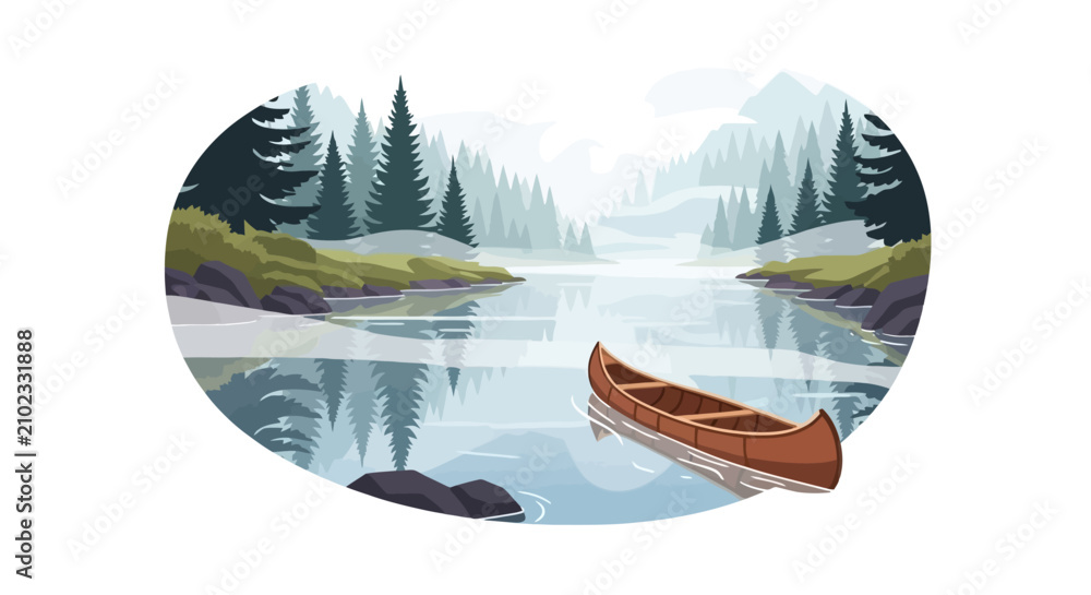 Obraz premium Peaceful mountain lake with wooden canoe and forest reflections