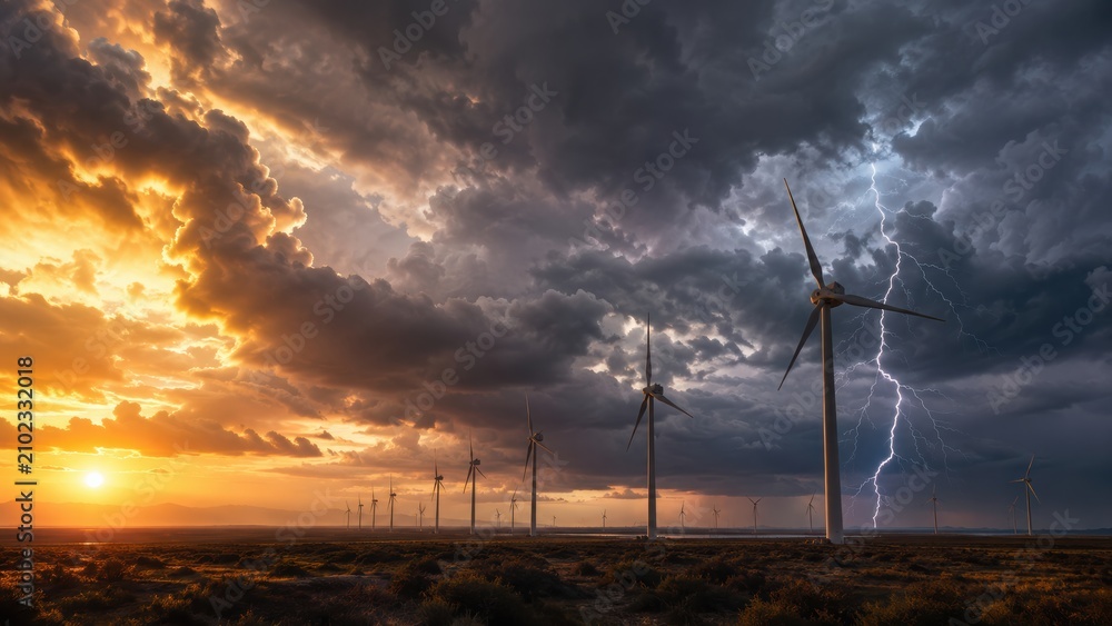 Obraz premium dramatic sunset with dark storm clouds and lightning strikes behind a field of wind turbines generating clean energy.