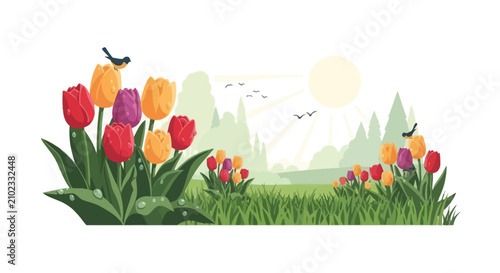 Spring tulip field with singing birds and bright sun