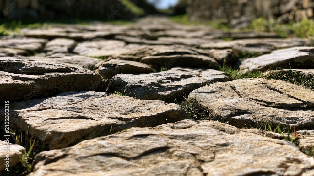 Fototapeta premium Close-up of weathered, uneven cobblestone path with green grass sprouting