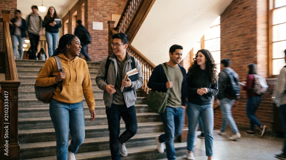 Obraz premium Diverse Group of Happy College Students Walking Down University Staircase Together, Young Adults Talking and Laughing on Campus