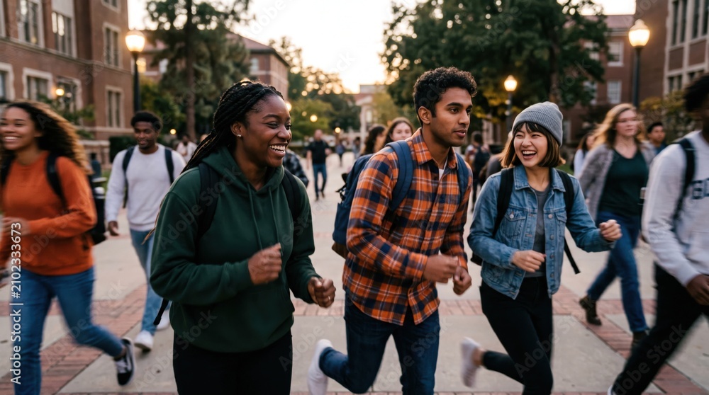Fototapeta premium Diverse Group of College Students Running Together on Campus Walkway Representing Active Lifestyle and Academic Success for Young Adults