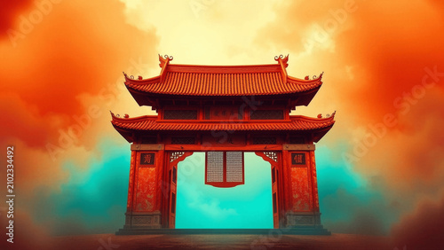 Majestic Red Chinese Gate Temple in Dramatic Orange and Teal Sky Digital Art