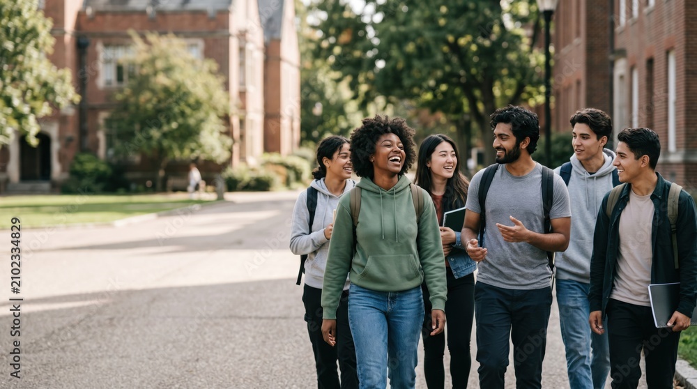 Fototapeta premium Diverse Group of College Students Walking Together on University Campus Pathway Representing Academic Friendship and Campus Life