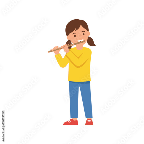 Foto Young Girl Playing Musical Flute Instrument in Casual Clothes Standing Upright