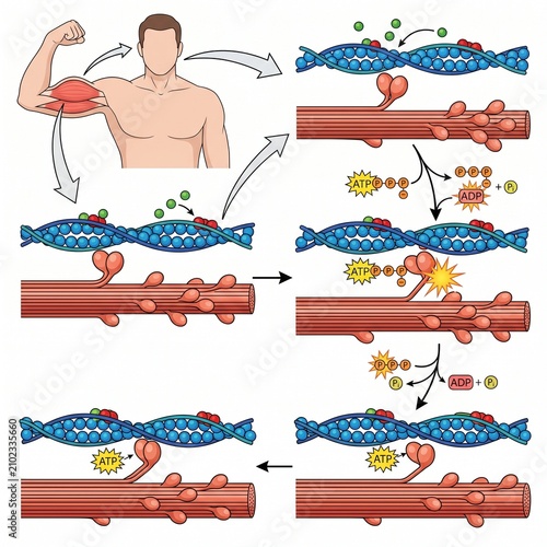Diagram of Muscle Contraction sliding filament theory and cross bridge cycle with ATP and actin myosin filaments