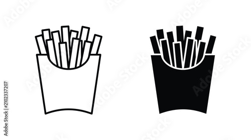Versatile vector icons showcasing french fries in a takeaway box, available in outline and solid versions