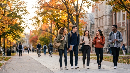 Diverse group of college students walking together on university campus path during autumn semester, happy young adults talking and laughing outdoors