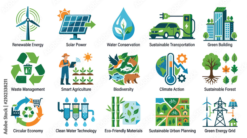 Fototapeta premium Sustainable Energy Eco-Friendly Living Icons: Flat Green Icons for Environment