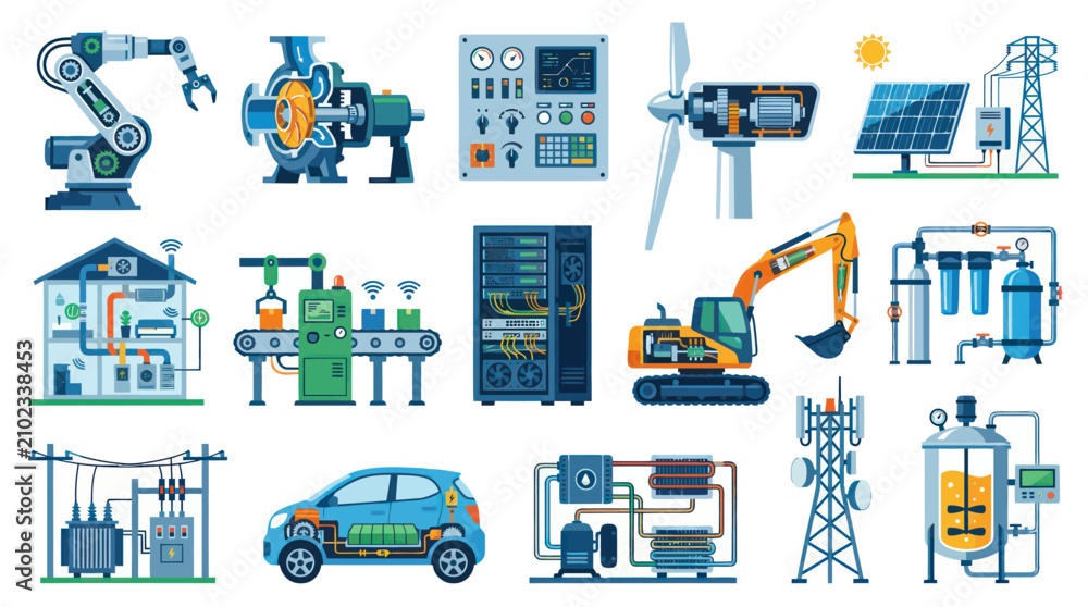 Fototapeta premium Industry 4.0 Industrial Automation and Engineering Flat Vector Icons Collection: Smart Technology, Energy Manufacturing