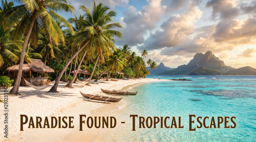 Breathtaking tropical beach landscape featuring tall palm trees, wooden outrigger boats on white sand, and turquoise ocean water under a warm sunset sky