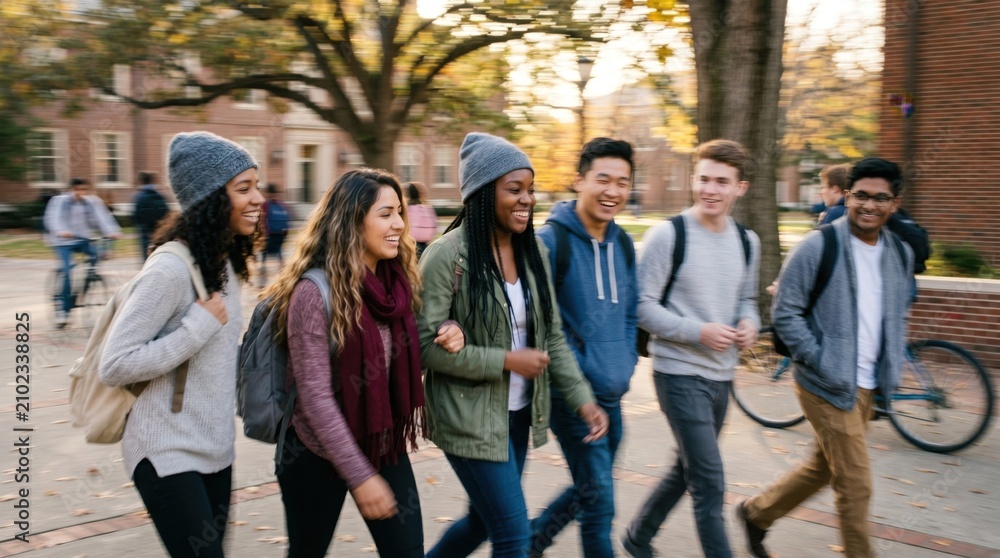 Fototapeta premium Diverse group of college students walking together on university campus, young adults talking and laughing during autumn semester break
