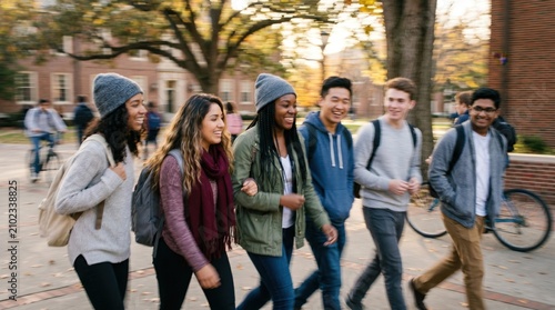 Diverse group of college students walking together on university campus, young adults talking and laughing during autumn semester break