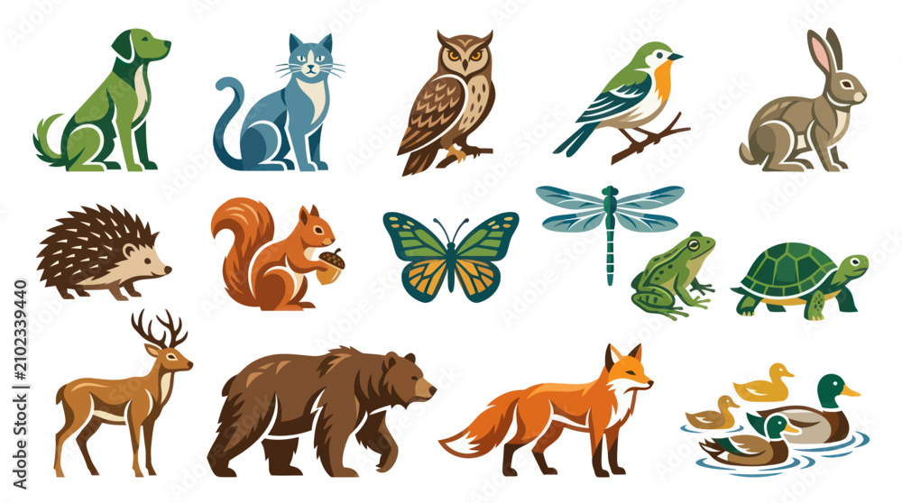 Obraz premium Flat Vector Illustration Set of Various Wild and Domestic Animals for Nature and Wildlife Concepts
