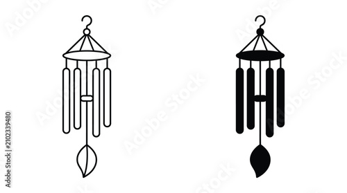 Fotografi Hanging Wind Chime Outline and Solid Silhouette Vector Icon Set