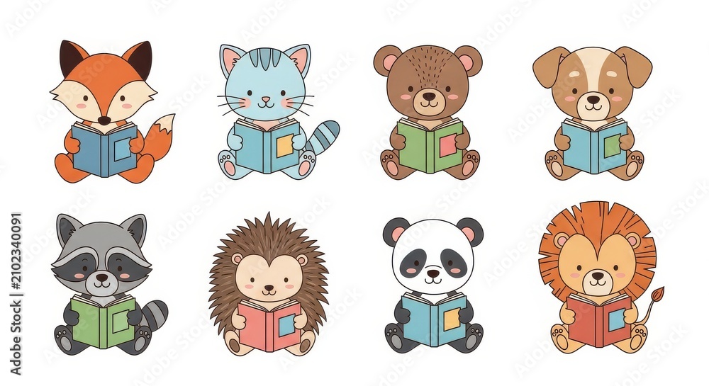 Fototapeta premium Set of Cute Cartoon Animals Reading Books - Fox, Cat, Bear, Dog, Raccoon, Hedgehog, Panda, and Lion Illustrations