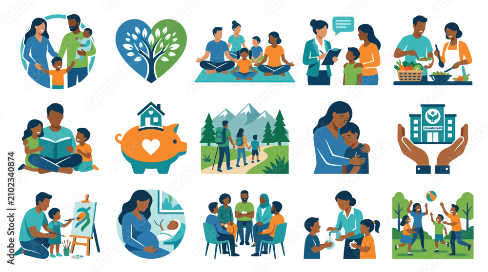 Fototapeta premium Family, Parenting Community Flat Vector Illustrations: Health, Education, Finance, and Lifestyle Concepts