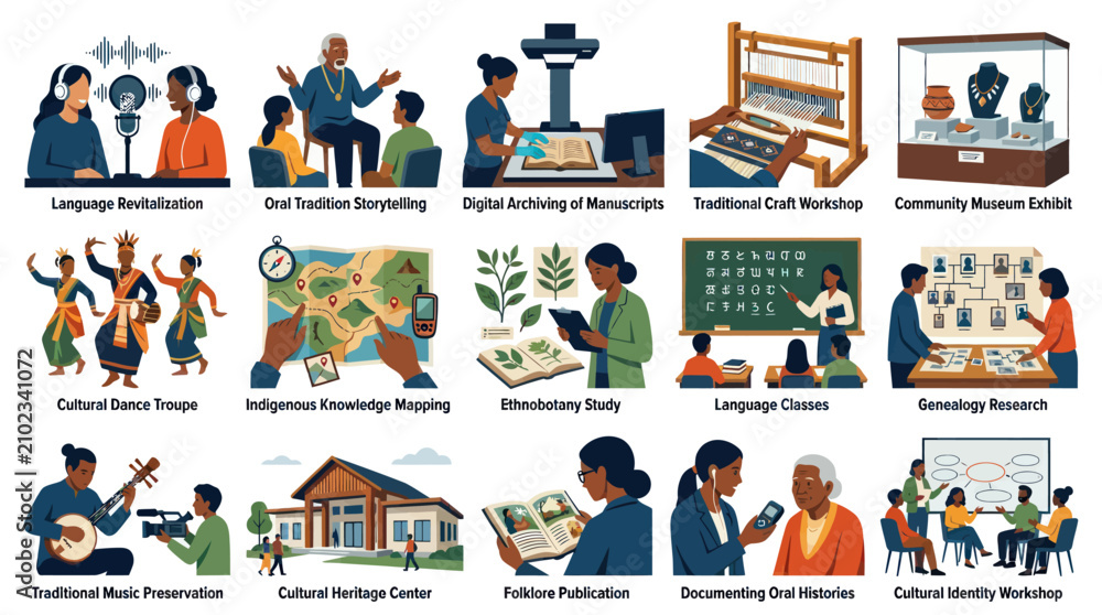 Fototapeta premium Cultural Heritage Preservation Indigenous Knowledge Flat Vector Illustration Set