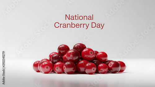 A pile of fresh red cranberries on a white surface with text reading 'National Cranberry Day'