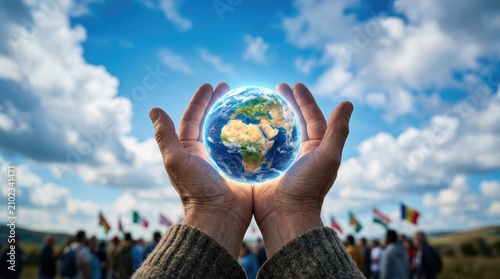 Hands cradling glowing planet Earth with global flags