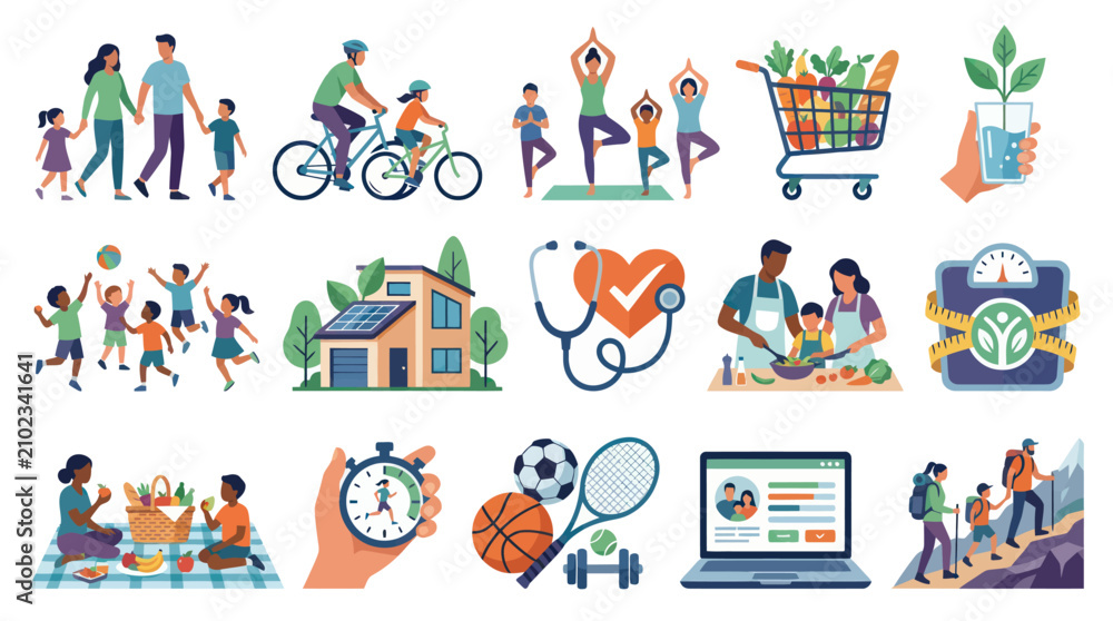 Fototapeta premium Flat Design Vector Illustrations: Health, Wellness, Family Lifestyle, Fitness, Nutrition Technology Icon Set