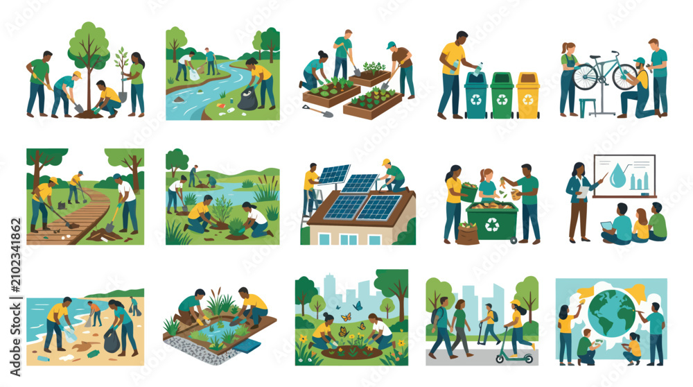 Naklejka premium Flat Vector Illustrations of Eco-Friendly Sustainable Living and Community Environmental Protection Activities