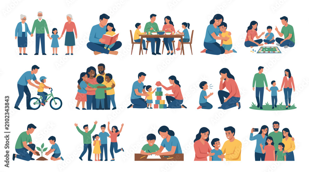 Fototapeta premium Flat Illustration Set of Family Life and Parenting Activities, Diverse Childhood Development Moments