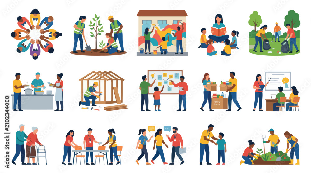 Fototapeta premium Flat Illustration of People Doing Charity and Volunteering Work, Community Service and Social Good Activities