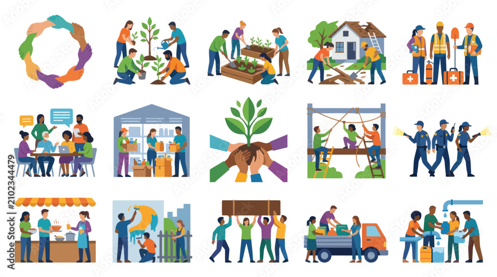 Fototapeta premium Diverse Community Volunteers Helping with Projects and Charity Work Flat Style