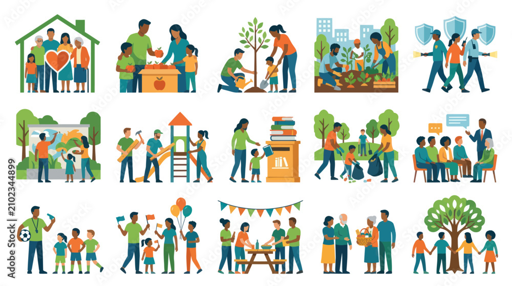 Fototapeta premium Diverse Community Activities Flat Vector Icons: Family, Volunteering, Education, Celebration