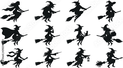 Cuadro en lienzo Halloween witch silhouette collection featuring various characters flying on bro