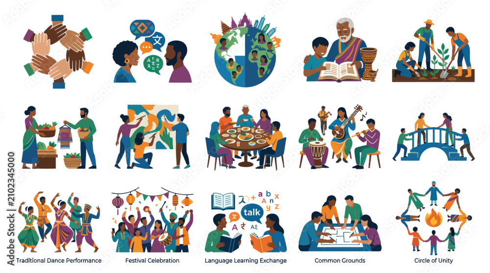 Fototapeta premium Diverse People Celebrating Culture and Unity, Flat Vector Art